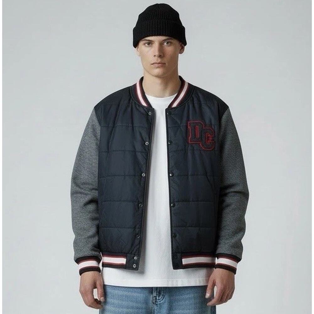DC Shoes‎ Varsity Bomber Jacket XXL Black Gray Quilted Letterman Skate Y2K